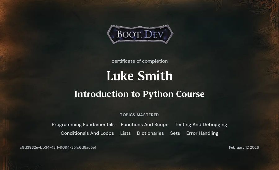 Luke Smith's Boot.dev Introduction to Python Course certificate