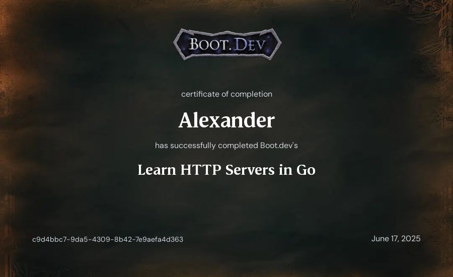 Alexander's Boot.dev Learn HTTP Servers in Go certificate