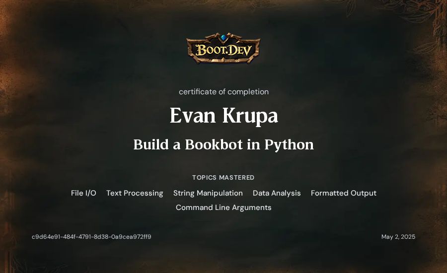 Evan Krupa's Boot.dev Build a BookBot in Python certificate