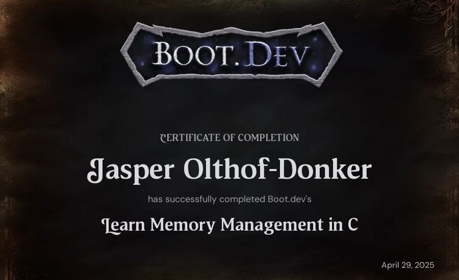Jasper Olthof-Donker's Boot.dev Learn Memory Management in C certificate