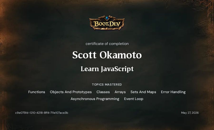 Scott Okamoto's Boot.dev Learn JavaScript certificate