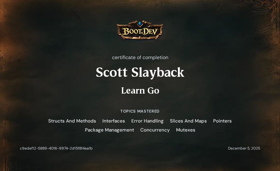 Scott Slayback's Boot.dev Learn Go certificate