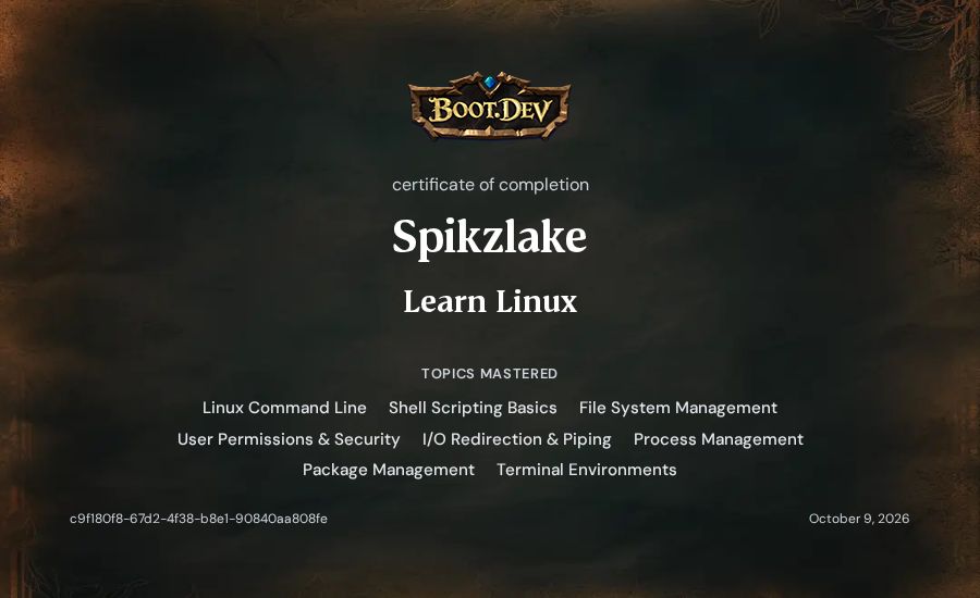 Spikylake's Boot.dev Learn Linux certificate