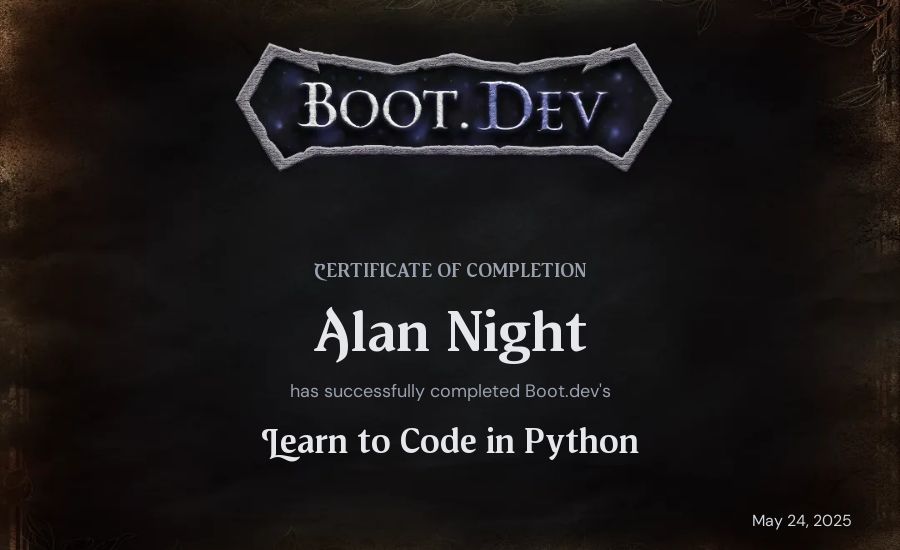 Alan Night's Boot.dev Introduction to Python Course certificate