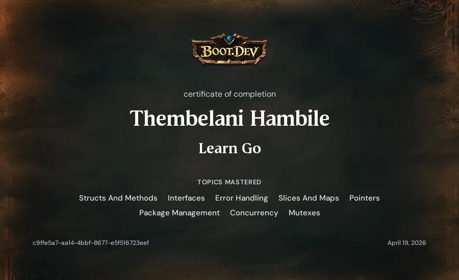 Thembelani Hambile's Boot.dev Learn Go certificate