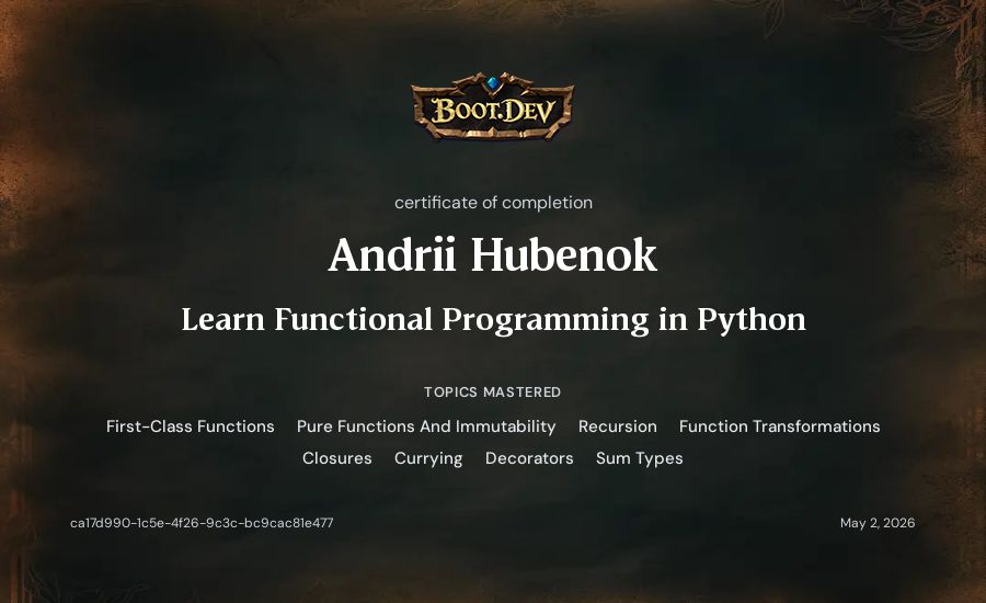 Andrii Hubenok's Boot.dev Learn Functional Programming in Python certificate