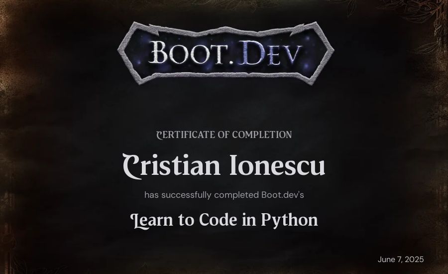 Cristian Ionescu's Boot.dev Introduction to Python Course certificate