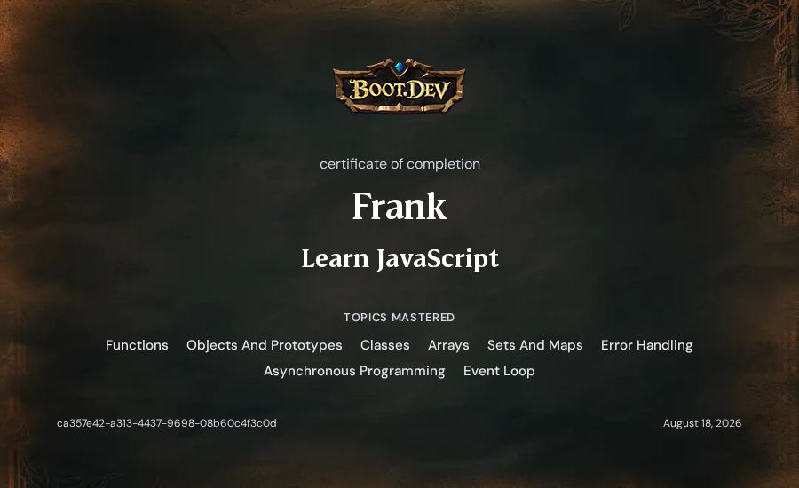 Frank's Boot.dev Learn JavaScript certificate