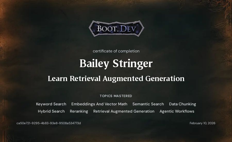Bailey Stringer's Boot.dev Learn Retrieval Augmented Generation certificate