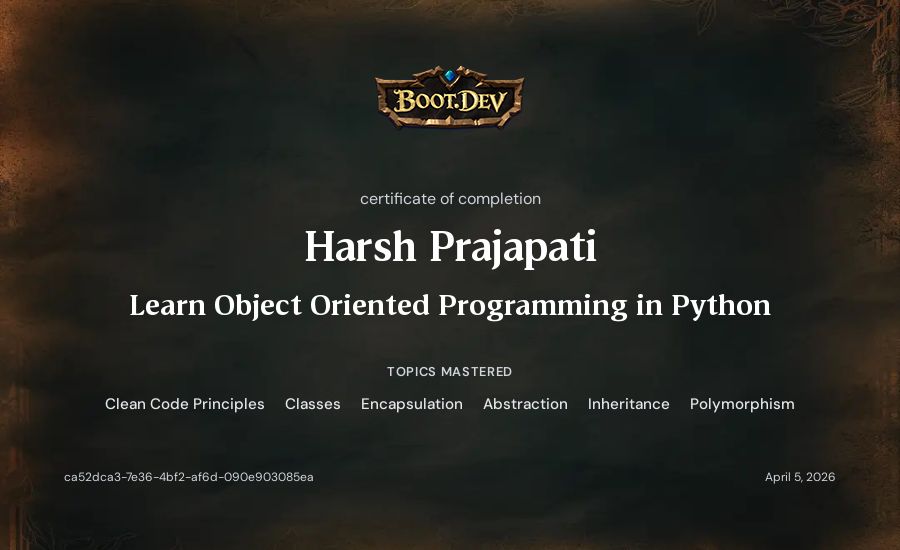 Harsh Prajapati's Boot.dev Learn Object Oriented Programming in Python certificate