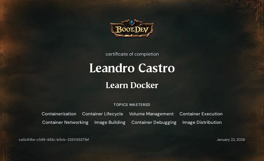 Leandro Castro's Boot.dev Learn Docker certificate