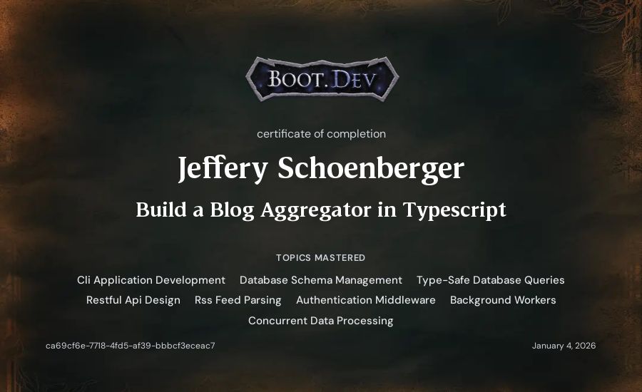 Jeff Schoenberger's Boot.dev Build a Blog Aggregator in TypeScript certificate