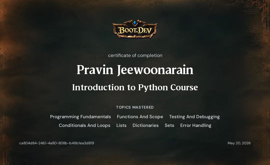 Pravin Jeewoonarain's Boot.dev Introduction to Python Course certificate