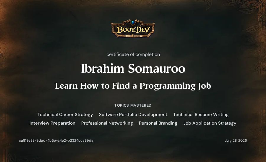 Ibrahim Somauroo's Boot.dev Learn How to Find a Programming Job certificate
