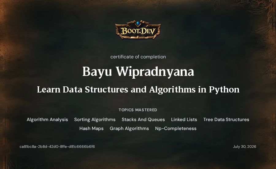 Bayu Wipradnyana's Boot.dev Learn Data Structures and Algorithms in Python certificate