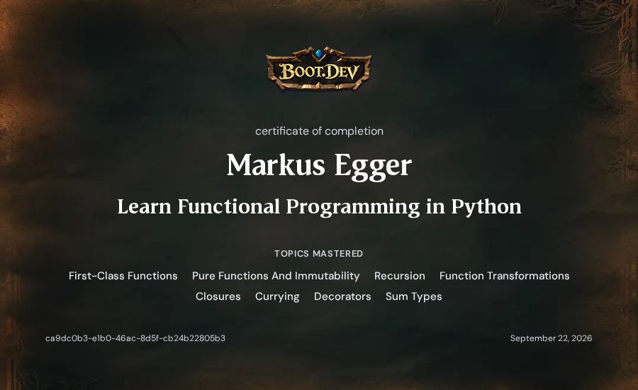 Markus Egger's Boot.dev Learn Functional Programming in Python certificate