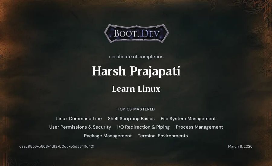 Harsh Prajapati's Boot.dev Learn Linux certificate