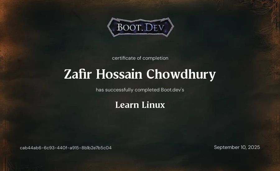 Zafir Hossain Chowdhury's Boot.dev Learn Linux certificate