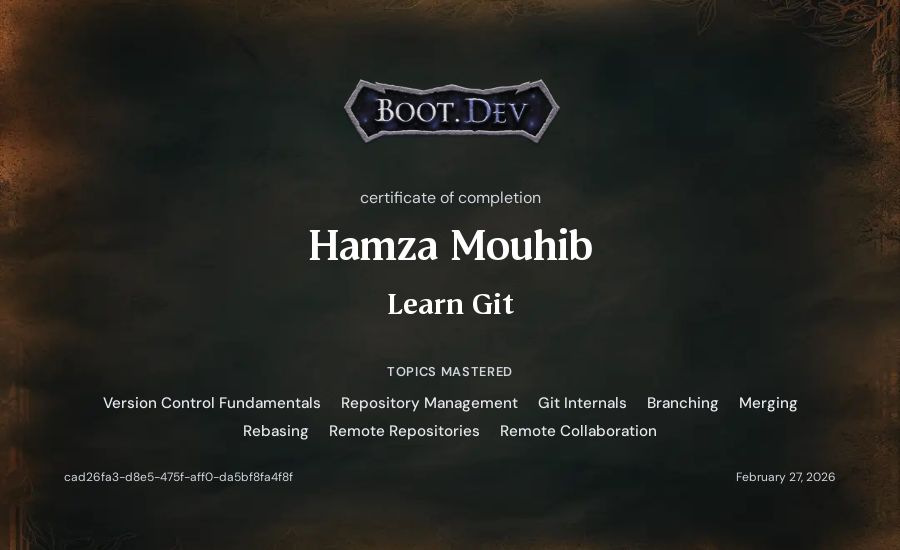 Hamza Mouhib's Boot.dev Learn Git certificate