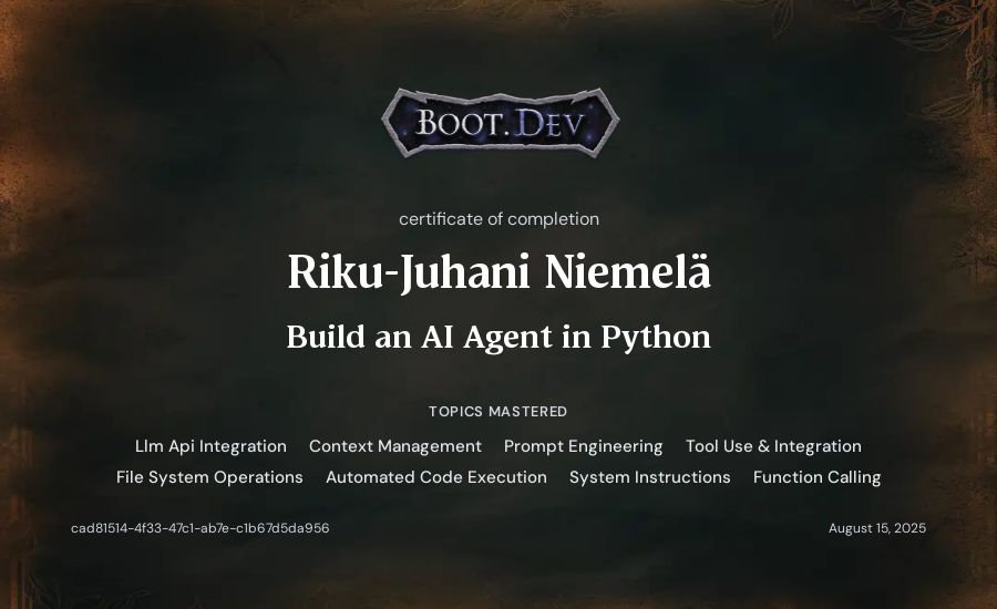Riku-Juhani Niemelä's Boot.dev Build an AI Agent in Python certificate