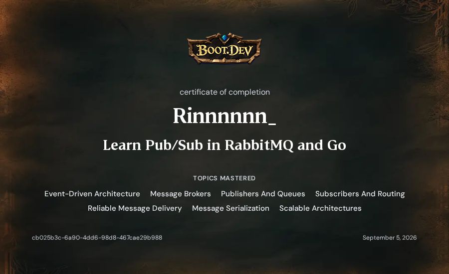 Rinnnnnn_'s Boot.dev Learn Pub/Sub in RabbitMQ and Go certificate