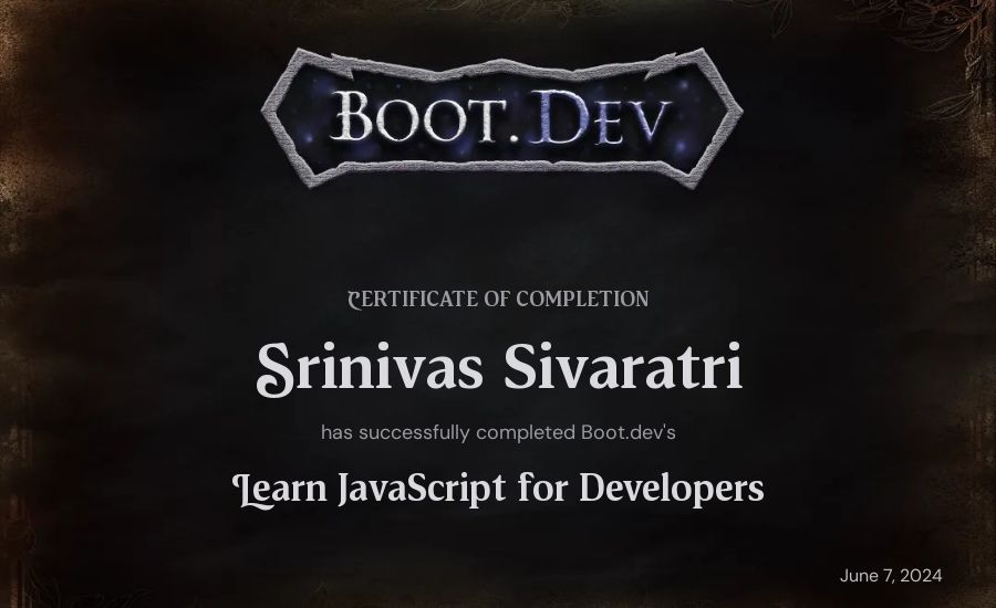 Srinivas Sivaratri's Boot.dev Learn JavaScript certificate