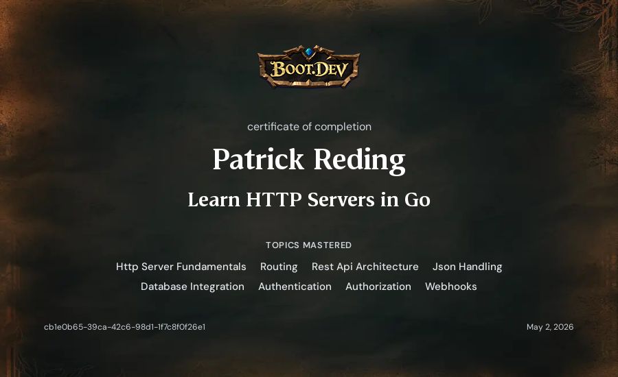 Patrick Reding's Boot.dev Learn HTTP Servers in Go certificate