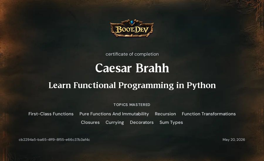 Caesar Brahh's Boot.dev Learn Functional Programming in Python certificate