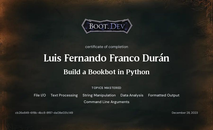 Fernando Franco's Boot.dev Build a BookBot in Python certificate