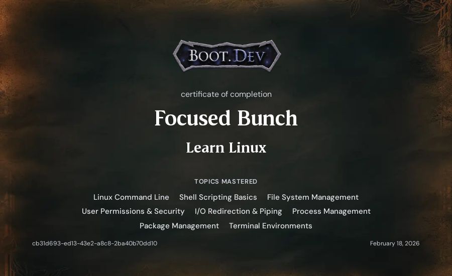 Focused Bunch's Boot.dev Learn Linux certificate