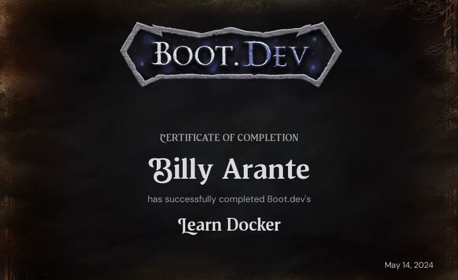 Billy Arante's Boot.dev Learn Docker certificate