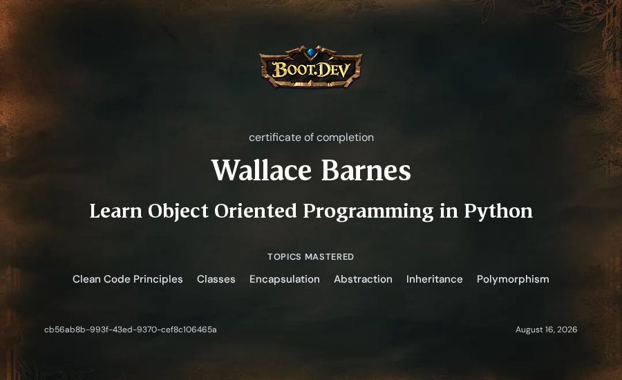 Wallace Barnes's Boot.dev Learn Object Oriented Programming in Python certificate