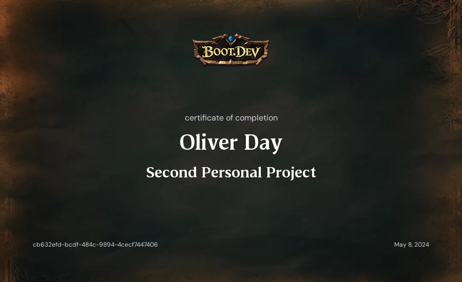 Oliver Day's Boot.dev Second Personal Project certificate