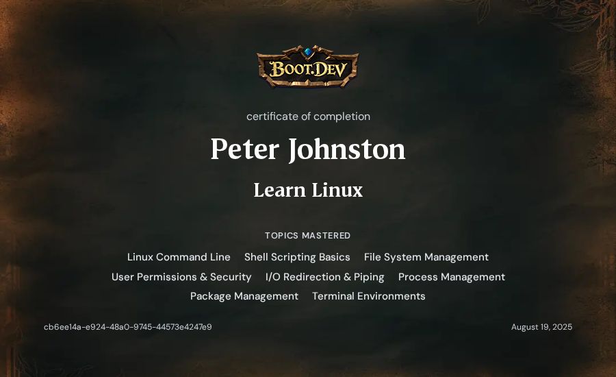 Peter Johnston's Boot.dev Learn Linux certificate