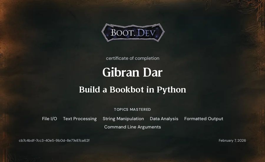 Gibran Dar's Boot.dev Build a BookBot in Python certificate