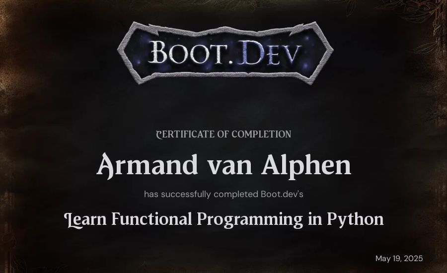 Armand van Alphen's Boot.dev Learn Functional Programming in Python certificate