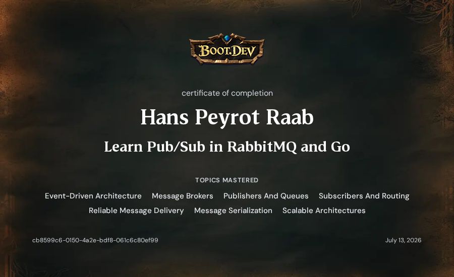 Hans Peyrot Raab's Boot.dev Learn Pub/Sub in RabbitMQ and Go certificate