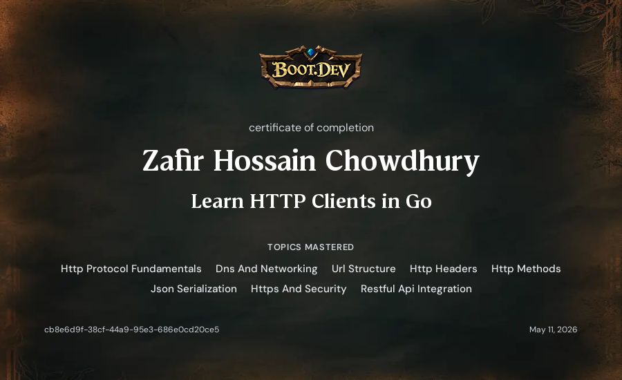Zafir Hossain Chowdhury's Boot.dev Learn HTTP Clients in Go certificate