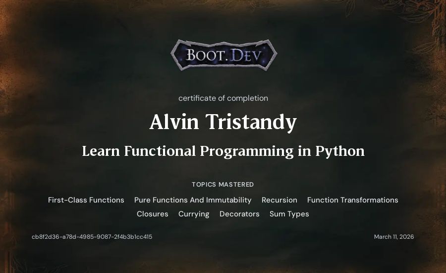Alvin Tristandy's Boot.dev Learn Functional Programming in Python certificate