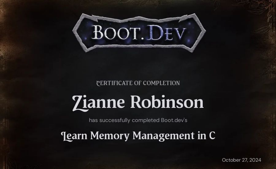 Zianne Robinson's Boot.dev Learn Memory Management in C certificate