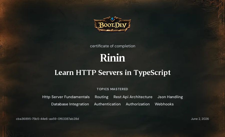 Rinin's Boot.dev Learn HTTP Servers in TypeScript certificate