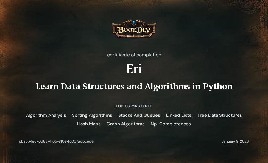 Eri's Boot.dev Learn Data Structures and Algorithms in Python certificate