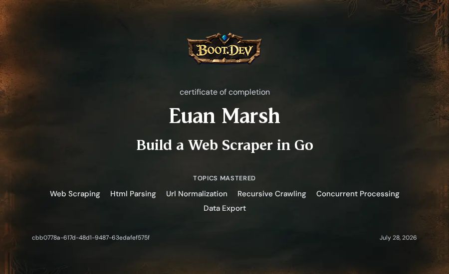 Euan Marsh's Boot.dev Build a Web Scraper in Go certificate