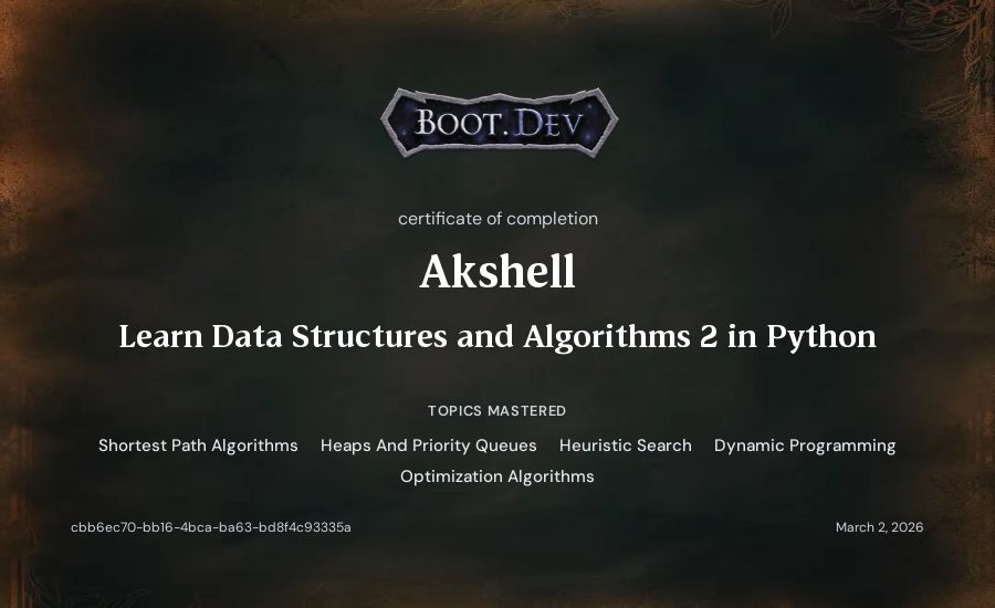 Akshell's Boot.dev Learn Data Structures and Algorithms 2 in Python certificate
