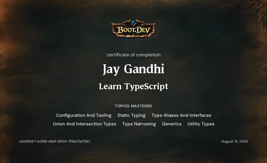 Jay Gandhi's Boot.dev Learn TypeScript certificate