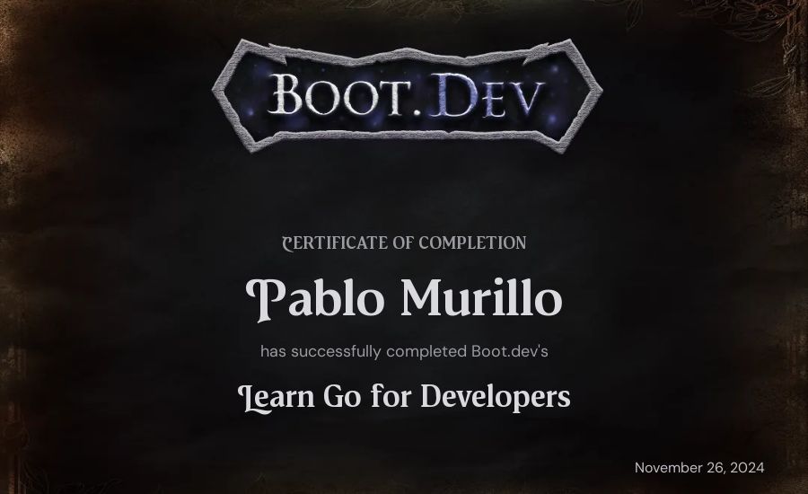 Pablo Murillo's Boot.dev Learn Go certificate