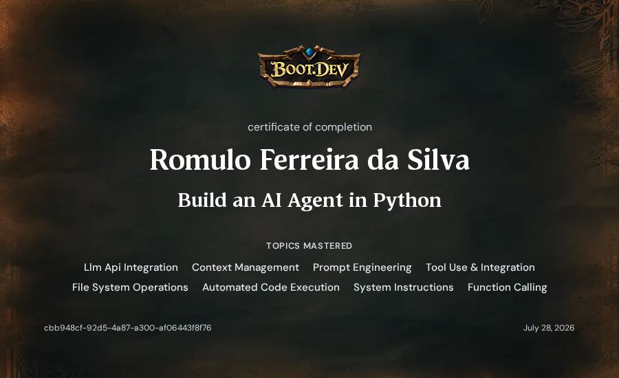 Romulo Ferreira da Silva's Boot.dev Build an AI Agent in Python certificate