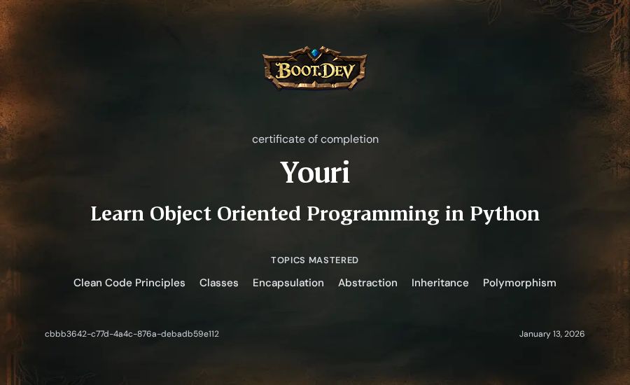 Youri's Boot.dev Learn Object Oriented Programming in Python certificate