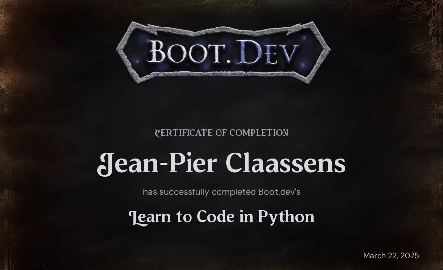 Jean-Pier Claassens's Boot.dev Introduction to Python Course certificate