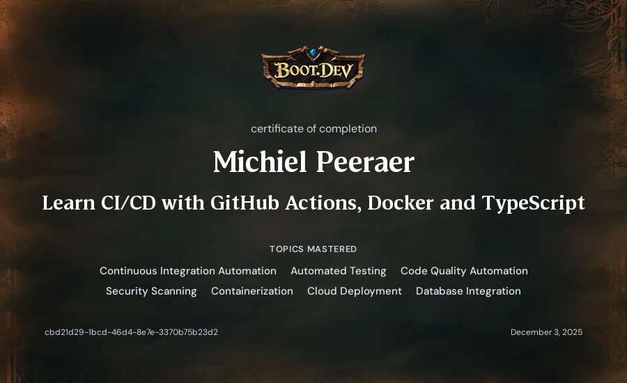 Michiel Peeraer's Boot.dev Learn CI/CD with GitHub Actions, Docker and TypeScript certificate